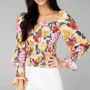 BuddyLove Long Sleeve Smocked Monet Top Size Medium Floral Bright Colorful NEW.